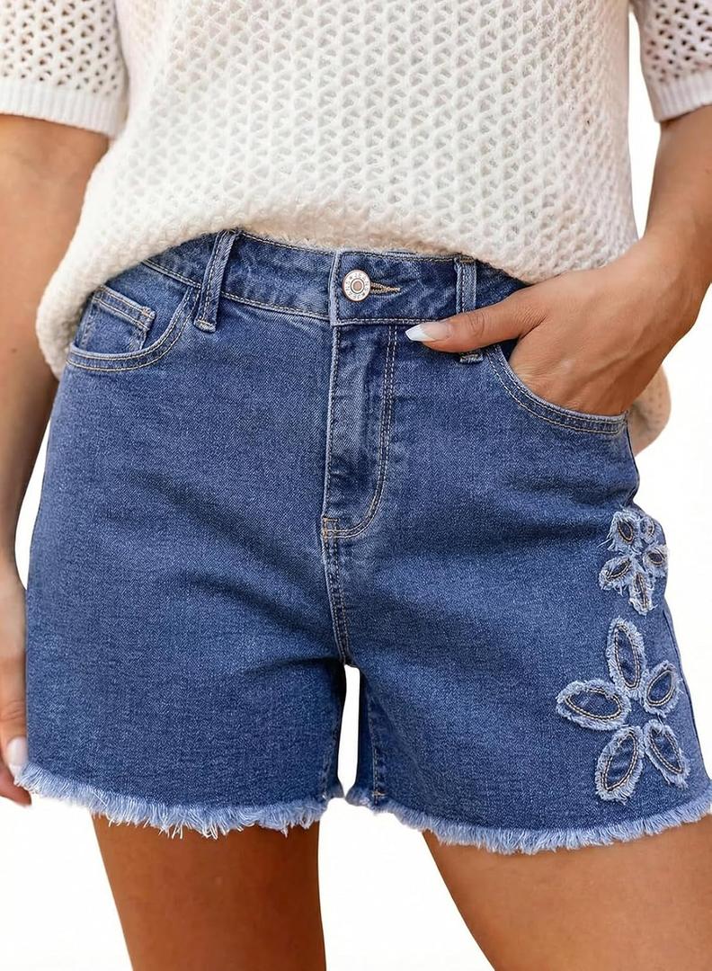 Dokotoo Womens Jean Shorts Floral Embroidered High Waisted Casual Stretchy Raw Edge Hemline Denim Shorts, Size 4