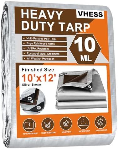 Tarps Heavy Duty Waterproof 10’ X 12’, 10 Mil Multipurpose Poly Tarp Cover, tarp Waterproof UV Resistant Tear&Fade Resistant, Outdoor Tarpaulin for Roof, Camping, Patio, Pool, Boat, Car