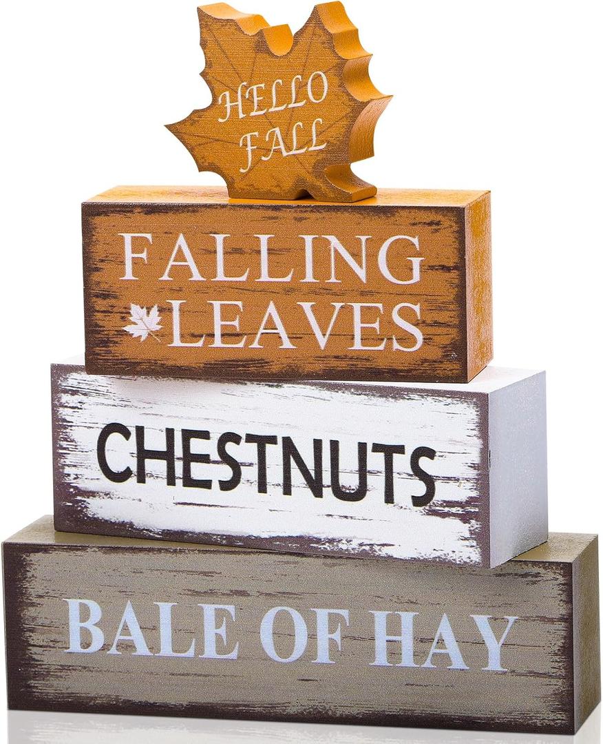 Fall Decor for Home, 4 Pcs Autumn Decorations Indoor Wooden Maple Leaf Fall Table Decor, Thanksgiving Harvest Centerpiece for Tiered Tray, Kitchen, Office, Farmhouse Party Table Centerpiece