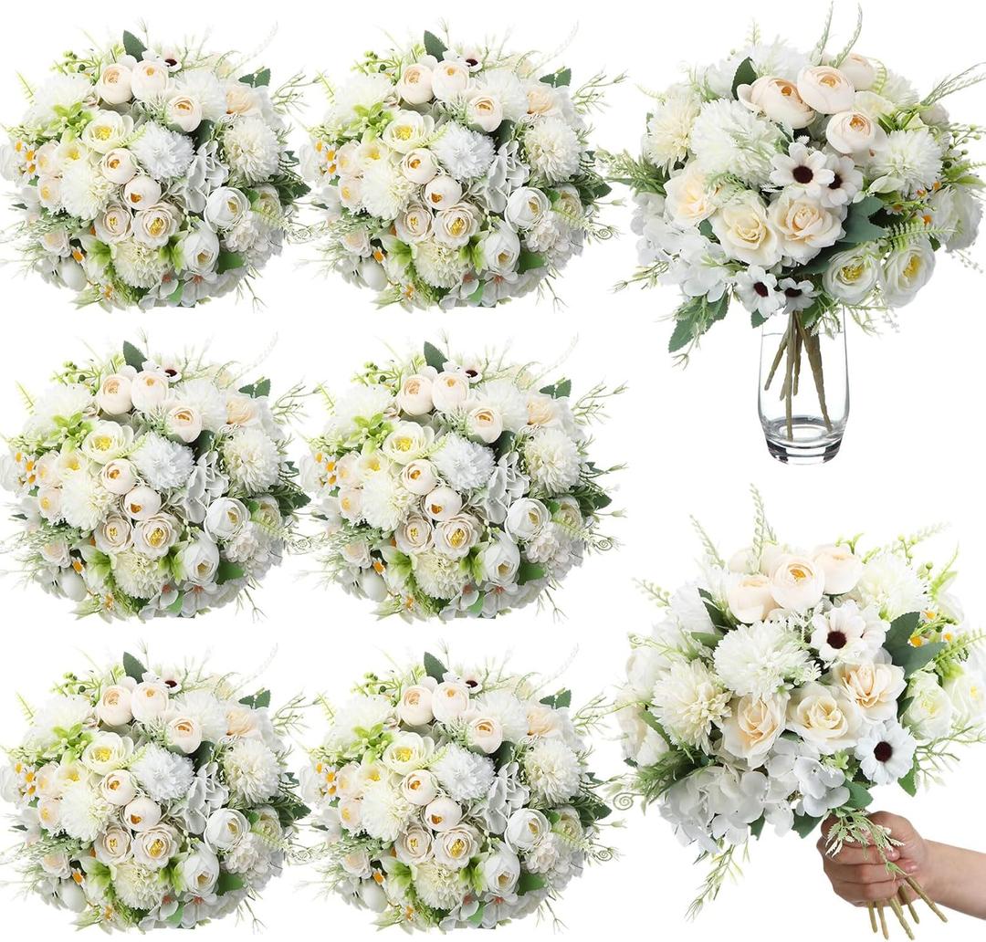 Tigeen 6 Bundles Artificial Bouquet Flowers Artificial Peonies Faux Roses Silk Flowers Hydrangea Bouquet for Wedding Table Centerpiece Floral Vase Decor(White)