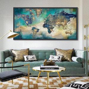 Large World Map Canvas Prints Wall Art for Living Room Office "29x58" Green World Map Picture Artwork Decor for Home Decoration Black Framed Wall Art