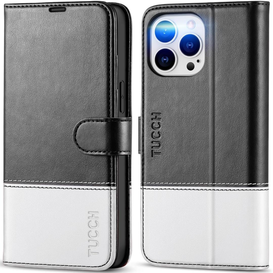 TUCCH Case Wallet for iPhone 14 Pro Max, [TPU Shockproof Inner Shell], PU Leather [RFID Blocking] 4 Card Holder Magnetic Stand Protective Cover Compatible with iPhone 14 Pro Max 6.7", Black & White