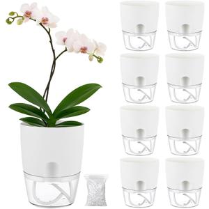 Planterhoma 8 Pack Self Watering Pots for Indoor Plants, 6 Inch Plant Pot Plastic Self Watering Planter for Orchid, African Violet, Small Clear Flower Pots with Drainage Holes and Wicking Rope, White