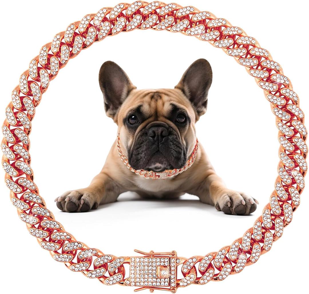 Cuban Link Dog Collar Rose Glod Crystal Dog Necklace Metal Chain Collar with Design Secure Buckle Pet Collar Jewelry Accessories for Small Medium Large Dogs Cats(Rose Glod 18inch)