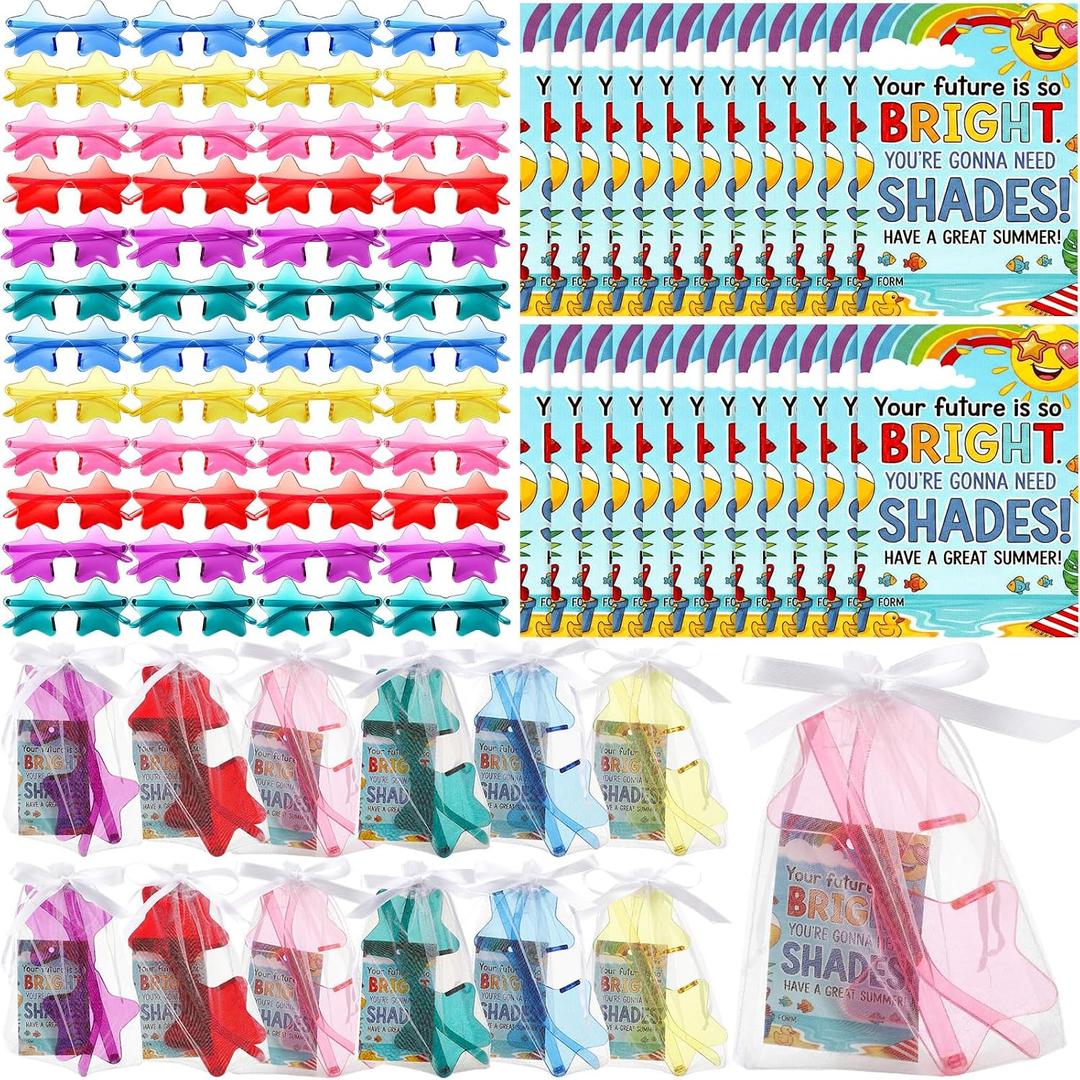 48 Set End of The Year Gifts for Students Graduation Sunglasses, Bulk Preschool Kindergarten Pre K 2026 Class Party Favors, Star Shaped Neon Shades with Cards and Organza Bags