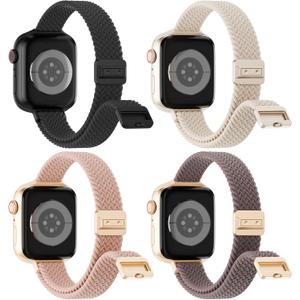 Slim Braided with Magnetic Clasp Compatible with Apple Watch Bands 42mm 44mm 45mm 49mm Women Men, Thin Elastic Nylon Loop Sport Strap for iWatch