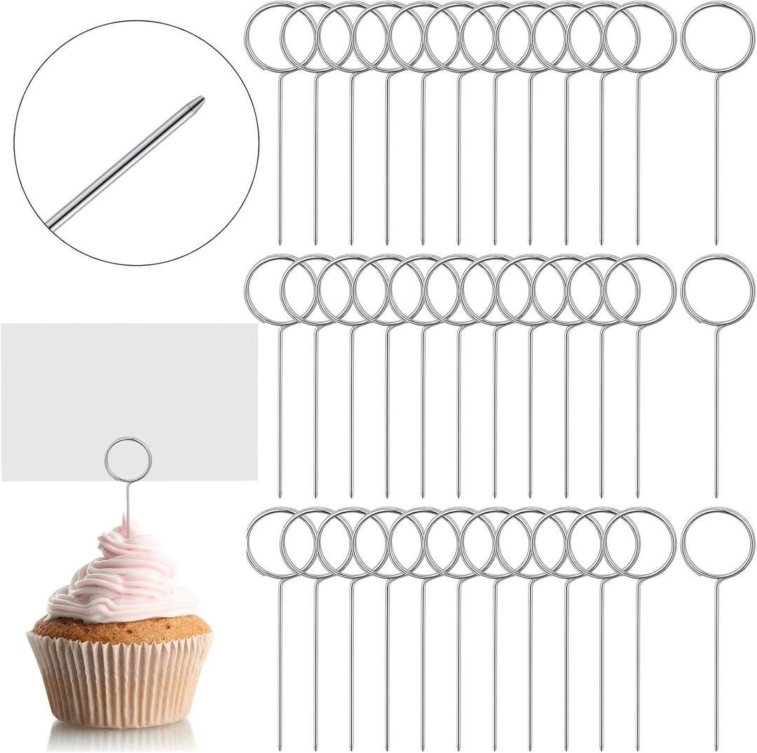 Seajan 100 Pcs Floral Card Holder Picks 2.24 Inch Ring Loop Stainless Steel Pin Small Wire Photo Metal Clip Short Picture Name Place Card Cupcake Memo Note Holder Sticks for DIY Wedding Birthday Food