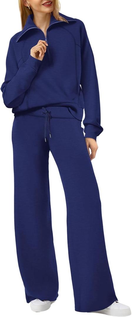 XIEERDUO Lounge Sets For Women 2025 Half Zip Sweatshirt And Wide Leg Sweatpants 2 Piece Outfits Sweat suit Tracksuit (XX-Large, 03-navy Blue)