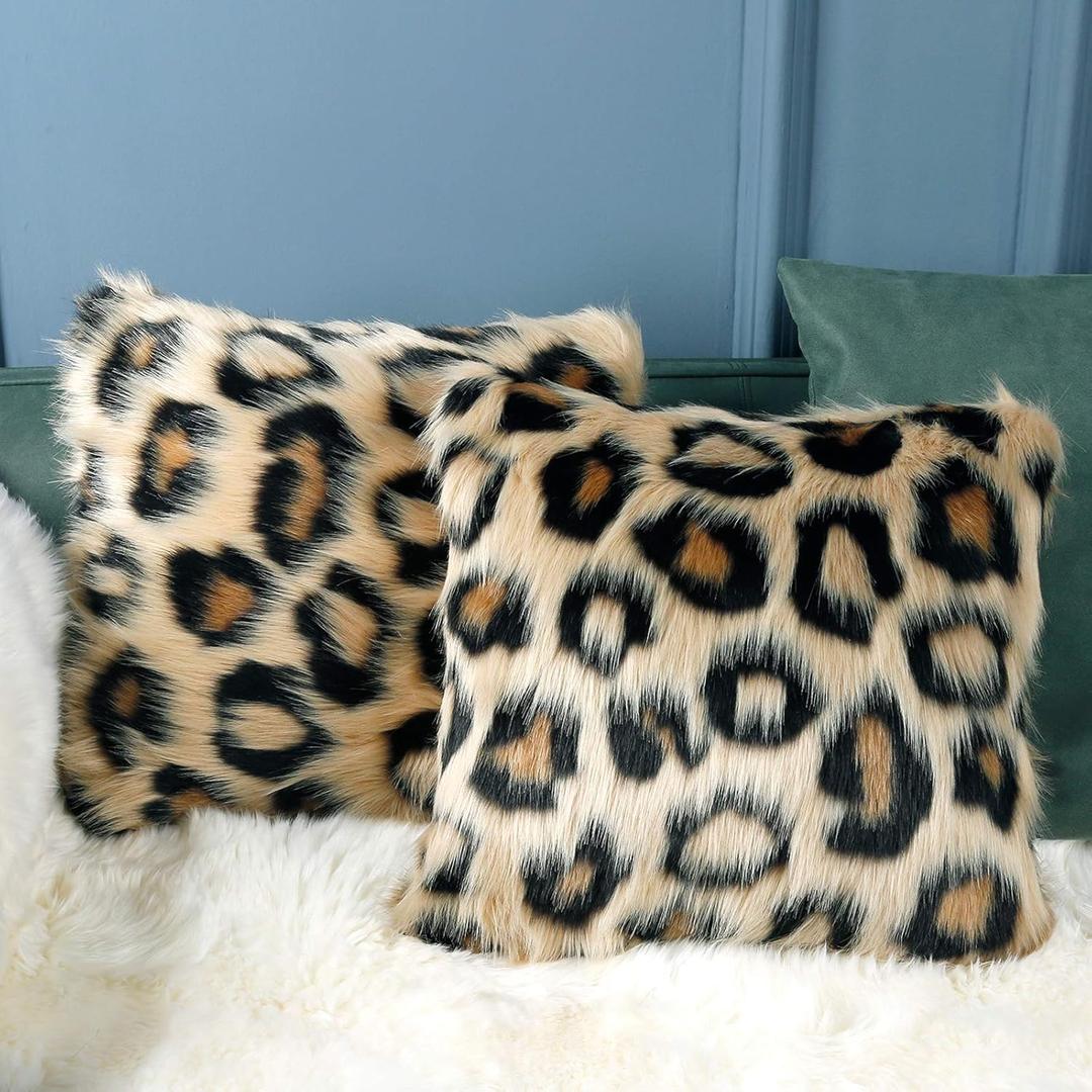 INSMEER 1PC True Leopard Print Pillow Case Decorative Faux Fur Leopard Pillow Covers Plush Shaggy Cheetah Pillow Cases for Bedroom Couch Sofa 18x18 inch