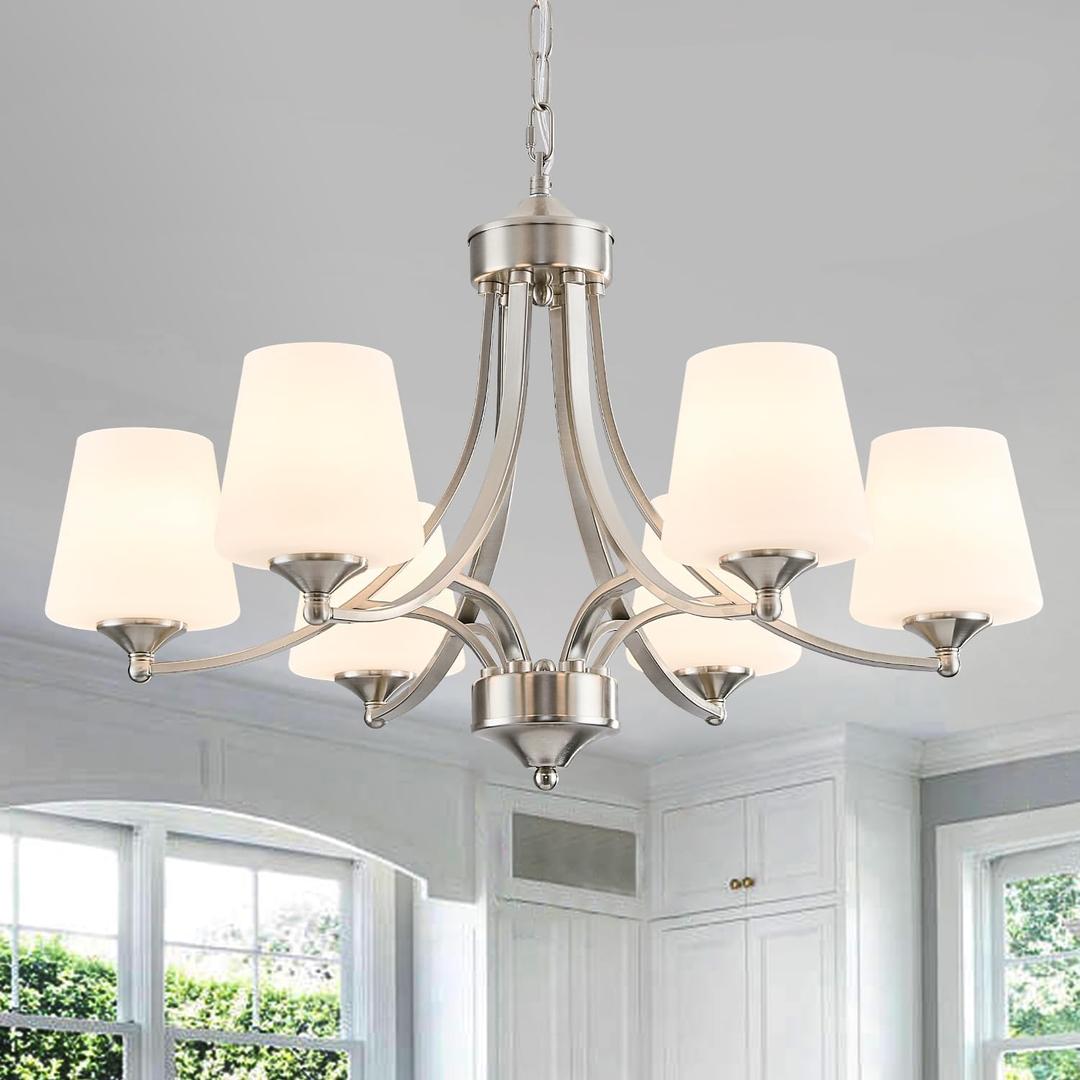 6-Light Brushed Nickel Chandeliers for Dining Room with Frosted Glass Farmhouse Silver Ceiling Hanging Lighting Fixtures Classic Pendant Lamp for Living Room,Dining Table,47.2 Height Adjustable, Large