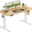Sweetcrispy Electric Adjustable Height Standing Desk - 55 x 24 inch Sit to Stand Up Desk with Splice Board, Rising Home Office Computer Table with 2 Hook and Wire Hole for Work (Nature)