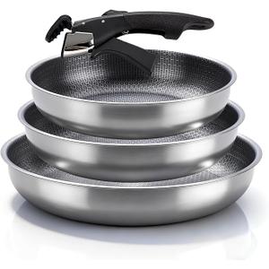 YJSLICT 3Piece Stainless Steel Frying Pan Set with Detachable Handle, Nonstick Omelet Pans, Multiple Sizes Skillet for Cooking, Dishwasher Safe (Size 10,11,12.5 inch)