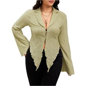 WDIRARA Women's Plus Size Lace Bell Long Sleeve Top Button Front Collared V Neck Y2K Shirts (Green, XL)
