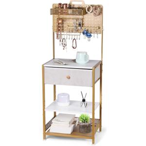 Night Stand with Jewelry Organizer Stand, Nightstand with Fabric Drawer, Modern Night Stand for Bedroom, Bedside Table Nightstand with Pegboard Organizer, Gold/White