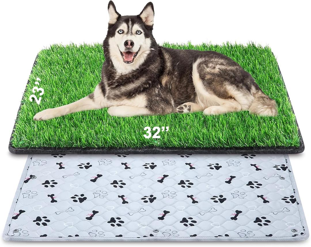 Dog Grass Mat with Pee Pad 3223", Medium Dog Litter Box Indoor Artificial Turf Grass Porch Waterproof Patio Potty Tray for Doggie Reusable Washable Pads and Lawn for Replacement for Puppy Training