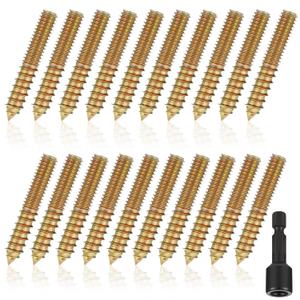 Hicarer 20 Pack 3/8-16 x 3 Inch Hanger Bolts Double Headed Bolts with Driver Self Tapping Screw Threaded Rod Screws for Furniture Double Headed for Wood Furniture Joint (Gold)
