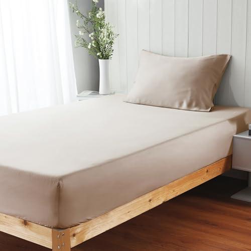 100% Viscose Derived from Bamboo Fitted Sheet Set 2 Piece - 1 Pillowcase 1 Fitted Sheet with 16" Deep Pocket, Hotel Luxury Silky Bedding, Ultra Soft, Cooling for Hot Sleepers(Beige Twin)
