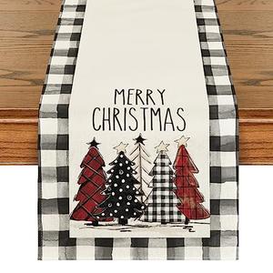 Artoid Mode Waterclor Buffalo Plaid Christmas Trees Merry Xmas Table Runner, Seasonal Winter Holiday Kitchen Dining Table Decoration for Indoor Outdoor Home Party Decor 13 x 90 Inch