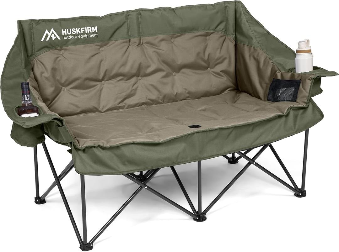 Huskfirm Double Camping Chair Oversized Padded Camping Chairs for Adults Folding Loveseat with Cup Holders and Side Pockets Heavy Duty Outdoor Lawn Chairs for Camping,Sports, Fishing,Beach,Green