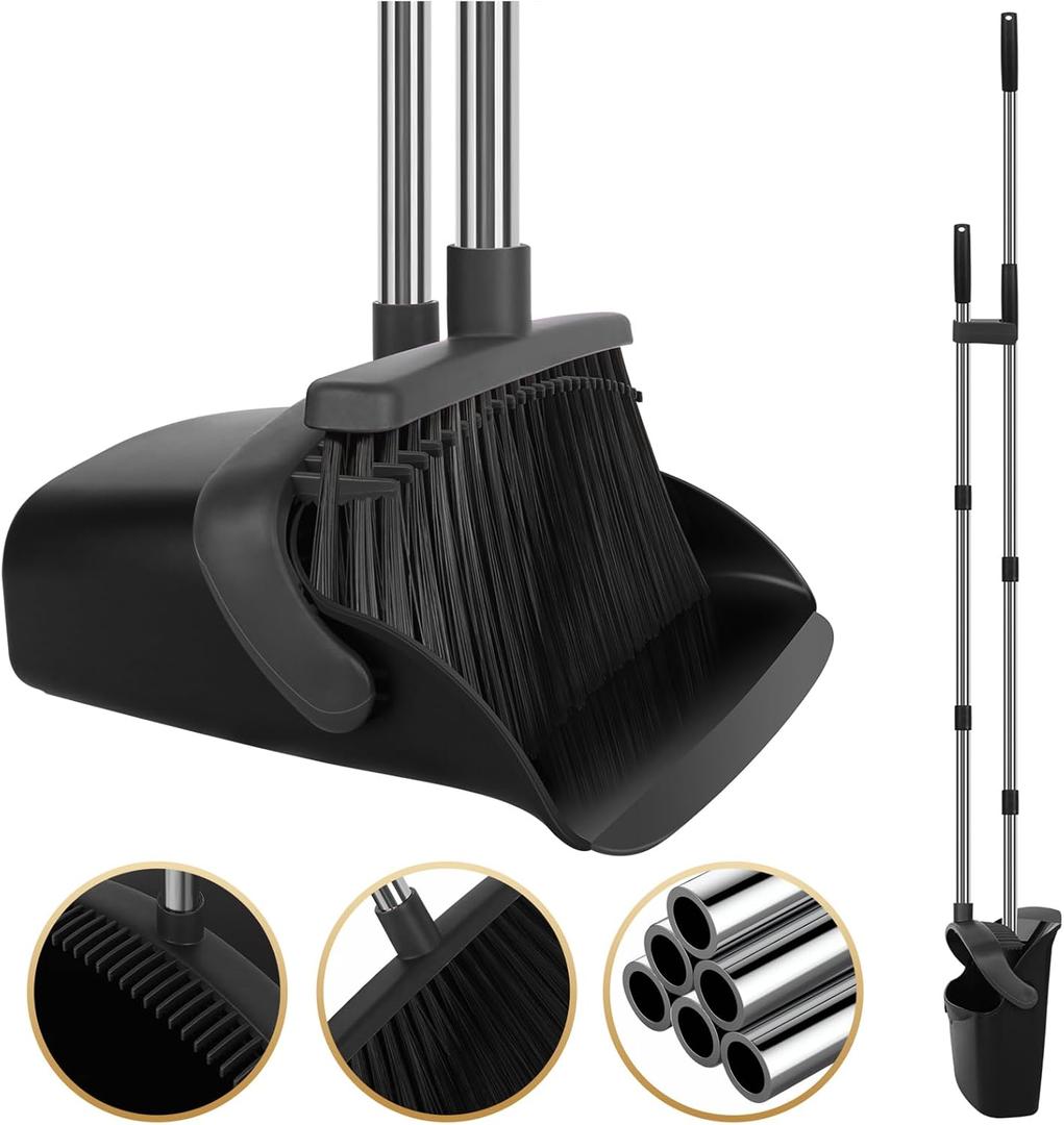 Upgraded Broom and Dustpan Set, 55" Long Handle Black Large Broom with Dustpan Combo SetSelf Cleaning Dustpan for Lobby Kitchen Office Restaurant