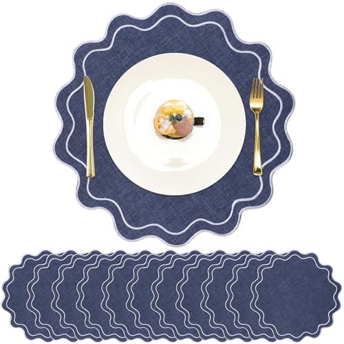 Gandeer Set of 12 Cotton Linen Placemats, 15x15 Scalloped Flower Embroidery Cloth Table Mat Double Layered Fabric Washable Wrinkle Free Dining for Wedding Baby Shower Bridal Decor(Navy Blue)