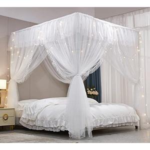 VETHIN 4 Corners Post Ruffle Princess Bed Canopy Curtain-Double Layer Cozy Drape Netting 4 Opening Mosquito Net for Girls Adults Bedroom Decoration (White/White, 78" W*86" L*82"*H/(King))