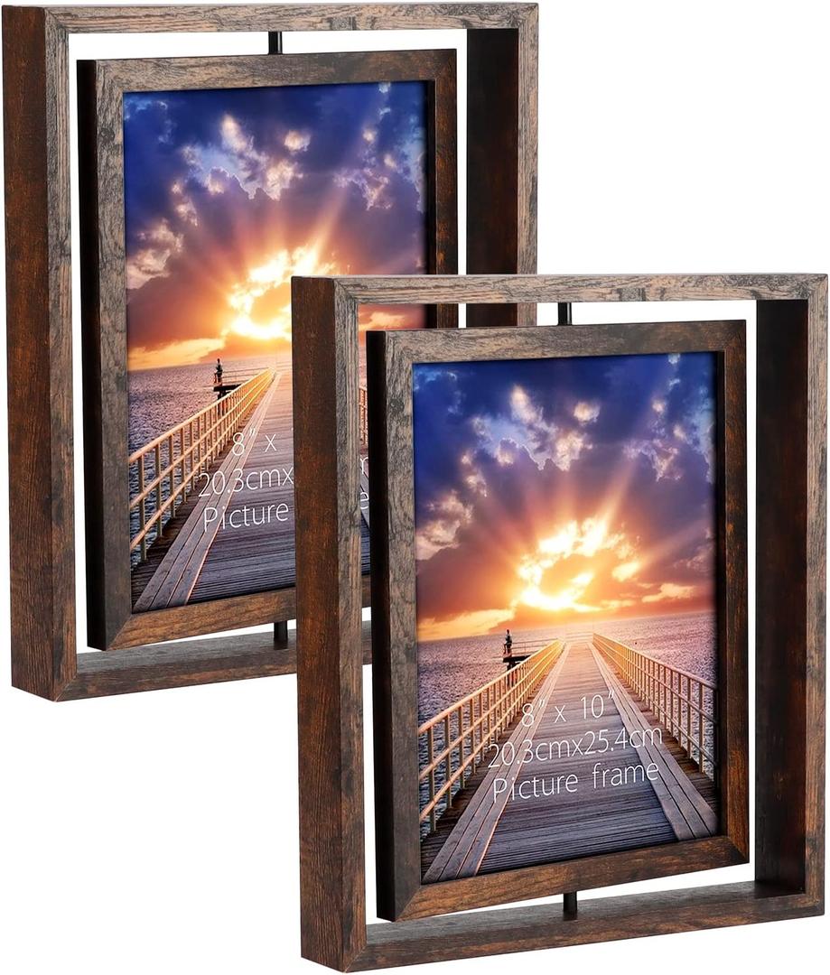 EXYGLO 2 Pack 8x10 Rustic Rotating Floating Picture Frames, Photo Frames for Vertical or Horizontal Tabletop Display, Brown