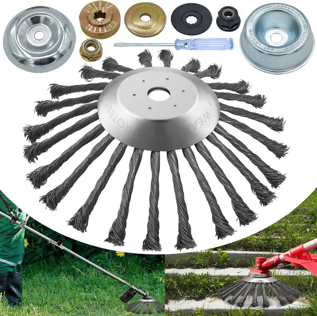 10 Inch Steel Wire Rotary Weed Brush Cutter Trimmer Head, Wired Weed Trimmer Blade Head with Adapter Kits for Weed Eater, Brush Cutter, Weed Wreckers, Moss Grass Rust Removal