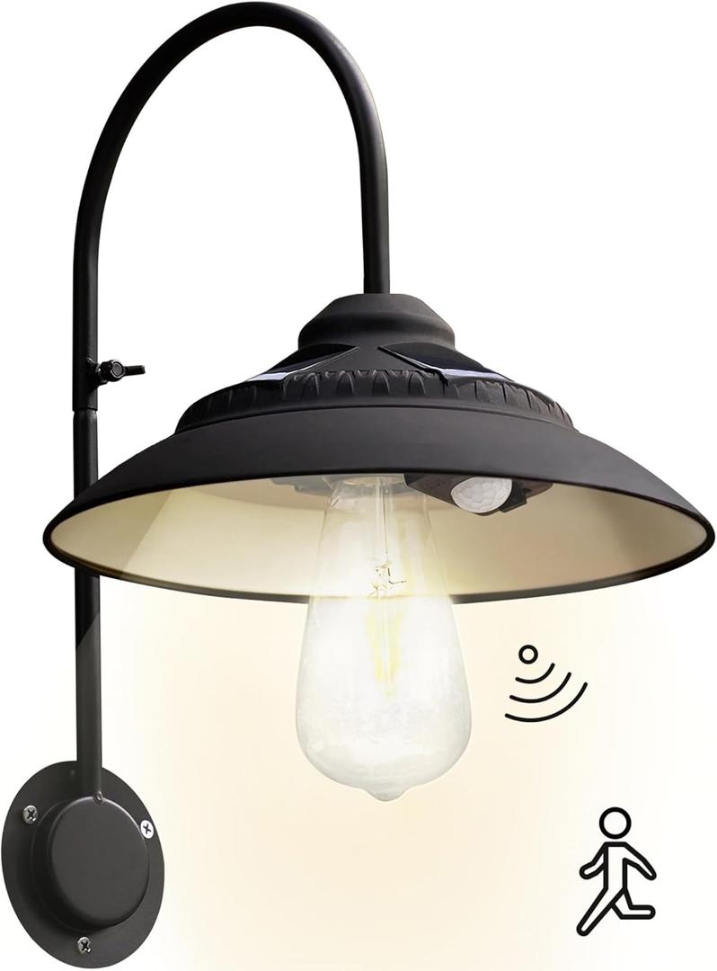 Goodeco Solar Barn Light with Motion Sensor - Metal Design Outdoor Lights - 4 High Efficiency Solar Panels with Clear Glass LED Edison Bulb, Perfect Chicken Coop Light & More (Black) (1 Pack)