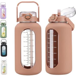 74 oz Glass Water Bolttles with Straw Large Motivational Water Bottle with Time Marker Sports Water Bottles with Silicone Sleeve and Handle Lid 2.2L Water Jug for Gym Workout (Amber)