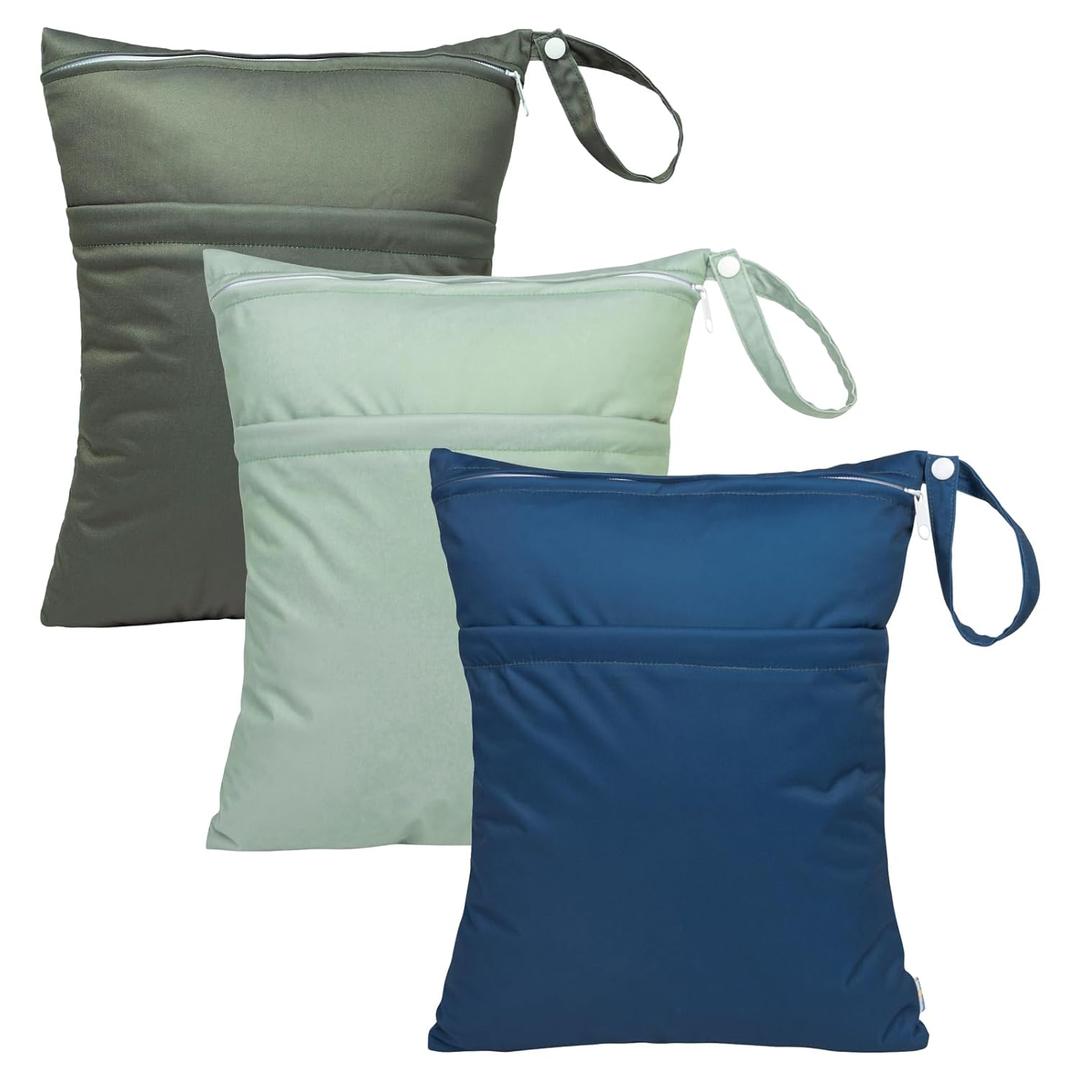 babygoal Wet Dry Bags for Baby Cloth Diapers 3 Pack, Washable Travel Bags, Beach, Pool, Gym Bag for Swimsuits & Wet Clothes with Two Pockets, Snap Handle 3LN32 (Olive and bean green & lake blue)