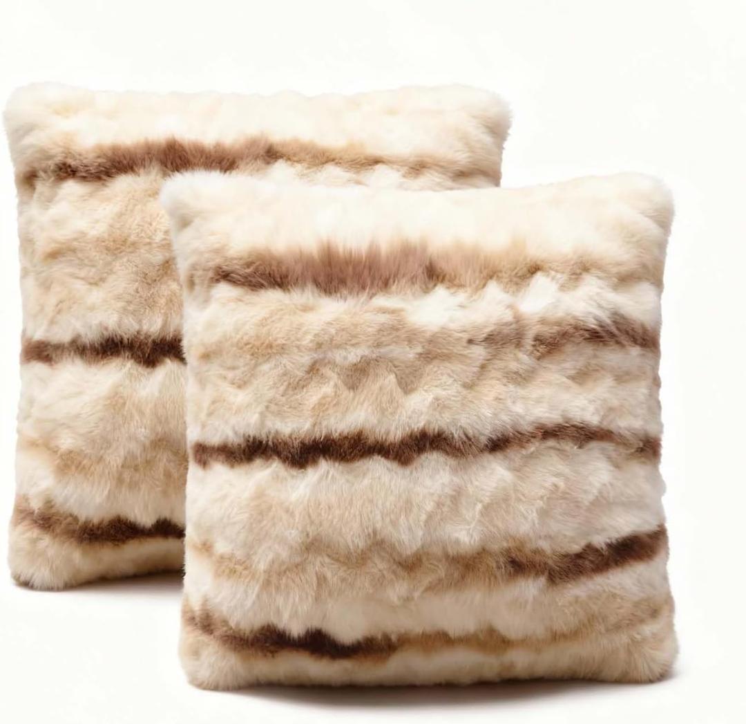 ZYFZCLBL Faux Fur Cushion Cover, Square Solid Cushion Pillowcase Decorative Pillow Cover Luxury Soft Cozy Fluffy Pillow Covers for Bed/Couch, Pack of 2, 22" x 22" Inch, Brown Print