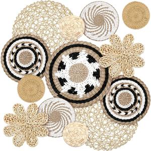 Glenmal Set of 13 Boho Wall Basket Decor Woven Rattan Flat Baskets Handmade Boho Wicker Bamboo Seagrass Wall Hanging Decor for Bedroom Living Room Dining Room Office Ready to Hang (Bohemian)