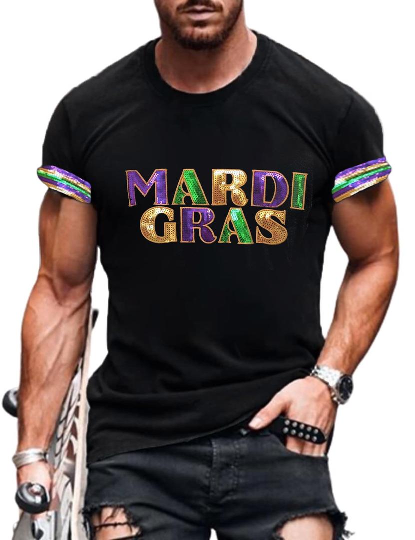 Mardi Shirt for Men Glitter Mask Graphic Festival T Shirt Tuesday Carnival New Orleans Party Tee Tops(P1,M)