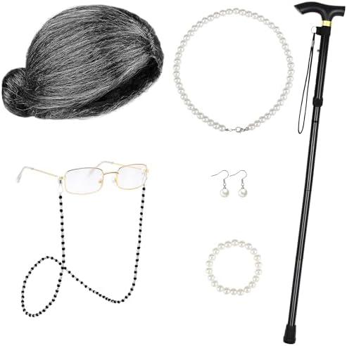 Apoway 100 Days of School 9-Piece Old Lady Wig Costume Set Grandma Dress Up Cap Glasses Cane Pearl Necklace Bracelet Earrings