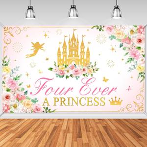 Avezano Four Ever a Princess Birthday 4 ever a Princess Birthday Party Decorations for Girls Fairy Castle 4 Years Old Bday Party Backdrop (6x3.6 ft)