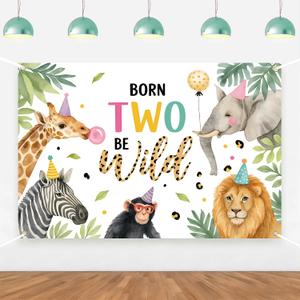 Born Two Be Wild Backdrop Two Safari Wild Birthday Decorations Jungle Safari 2nd Party Supplies Banner for Baby Boys Girls Jungle Animals 2nd Birthday Decor Supplies Photo Props 5 * 3ft