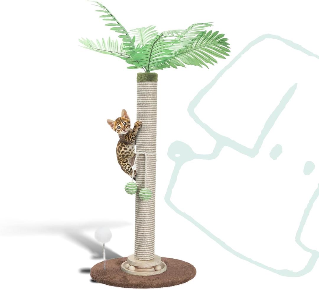 Cat Scratching Post 34 Inch with Rotating Turntable and Removable Hanging Ball, Cat Scratcher for Indoor Cats, Ultra Stable Base, Paw-FGreen Baseriendly Jute Material, Brown Base