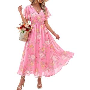 Bebonnie Formal Dresses for Women Wedding Guest: Womens Summer Wrap Neck Floral Beach Vacation Tropical Cruise Travel Hawaiian Vegas Outfits Cocktail Evening Dinner Tea Party Long Dress Multi Pink L