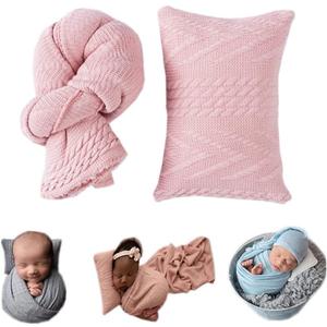 Coberllus Newborn Photography Props Blanket Stretch Knitted Twist Wrap & Posing Pad Prop for Baby Boys Girls Photo Shoot Set (Light Pink)