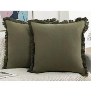 Set of 2 Natural Linen Fringed Throw Pillow Covers,Olive Green Neutral Decorative Pillowcase with Chic Tassel Burlap Boho Square Cushion Covers for Couch Sofa Farmhouse,22x22 inches (22" x 22" (Pack of 2))