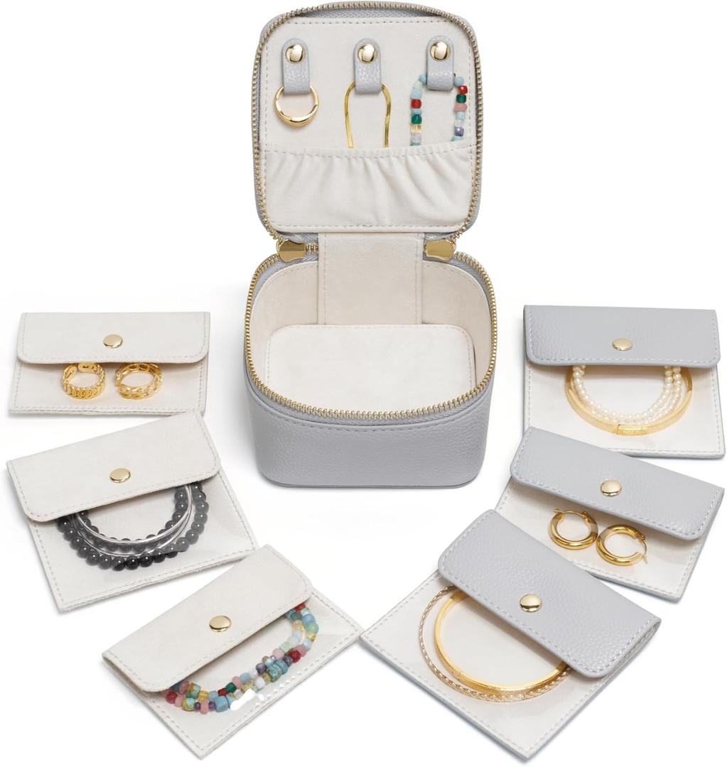 Popvibe Small Jewelry Travel Case for Women Mini Jewelry Box Organzier Traveling with 6 Jewelry Pouch Small Jewelry Bags, Leather Travel Size Jewelry Organizer Bag for Earrings Necklace, Blue Gray