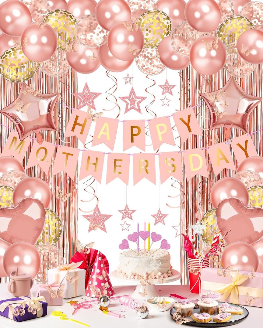 Lutoys Rose Gold Happy Mothers Day Decorations, Happy Mother’s Day Banner, Rose Gold Foil Heart Star Confetti Balloons Curtain Backdrop Hanging Swirls Party Decor for Mom Women
