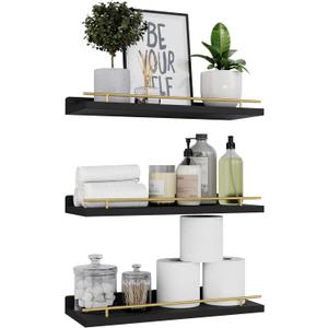 WOPITUES Floating Shelves with Gold Metal Guardrail, Shelves for Wall Decor Set of 3, Wall Shelves for Bedroom, Bathroom, Kitchen, Living Room, Plants, Picture Frames, Art Black and Gold