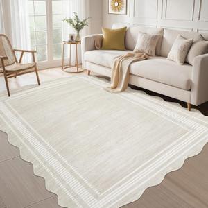 Garvee Washable Area Rug 4x6 Scalloped Rugs for Living Room Solid Carpet 4x6 Rugs for Bedroom Nursery Dining Room Table Non-Slip Stain Resistant Entryway Rug Beige