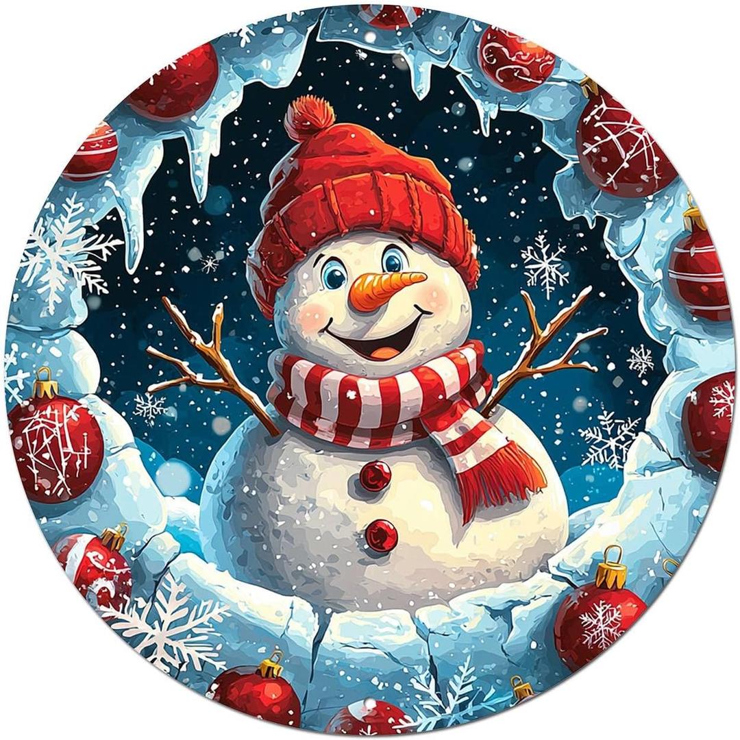 PEACHGARDEN Christmas Decor Snowman Wreath Sign Round Tin Sign Front Door Wreath Sign Snowflakes Wall Decor for Home Porch Living Room Bedroom 8x8 inch (20X20cm(8*8in))