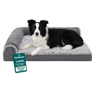 FurHaven Orthopedic Dog Bed for Large Dogs, L-Shaped Chaise Contour with Orthopedic Egg Crate & a Solid Orthopedic Foam Base for Joint Support, Washable Cover, Large, Faux Fur & Suede, Stone Gray