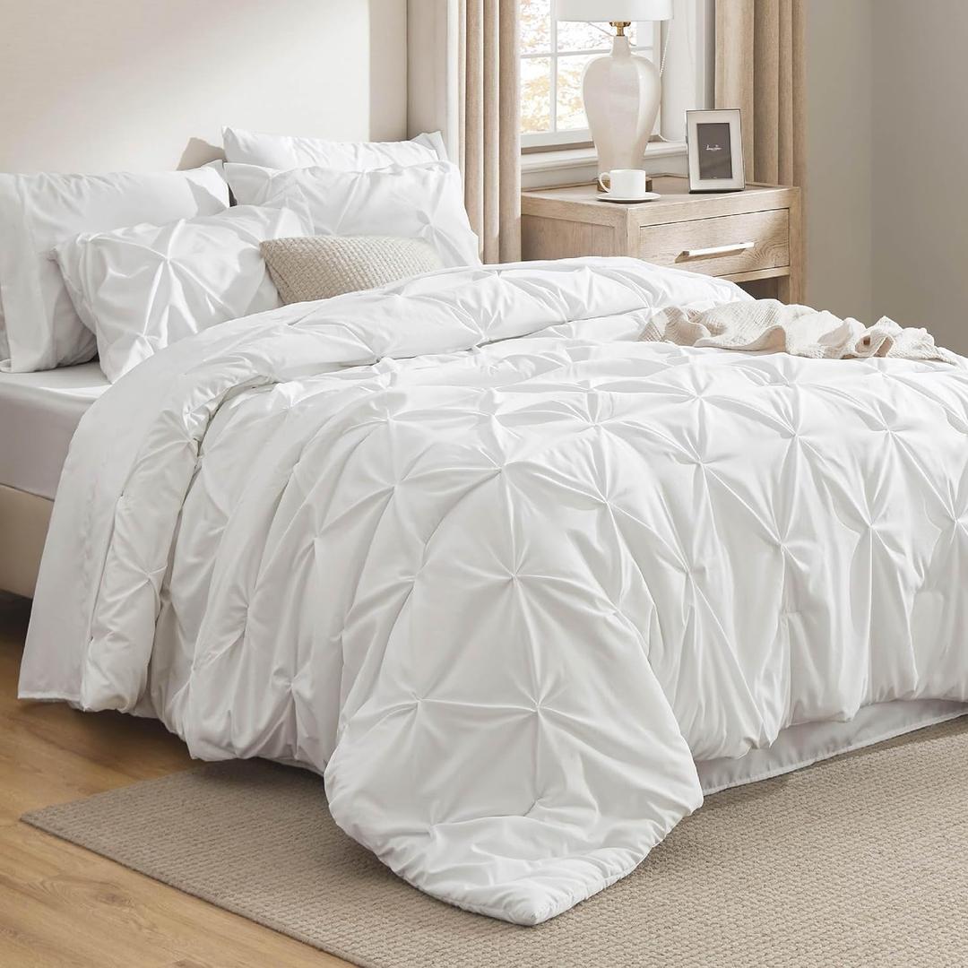 Bedsure Queen Comforter Set White - Bed in a Bag Queen Size Bedding 7 Pieces, GentleSoft Pintuck Bed Set Gift for Family, Pinch Pleat All Season Comforter with Sheets, Pillowcases & Shams