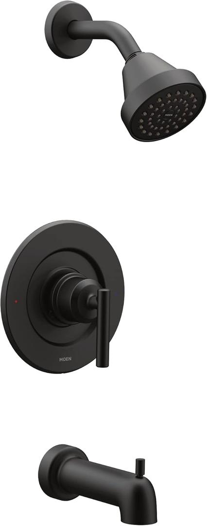 Moen Gibson Matte Black Pressure Balancing Eco-Performance Showerhead, Shower Handle, and Tub Spout, Posi-Temp Valve Required, T2903EPBL
