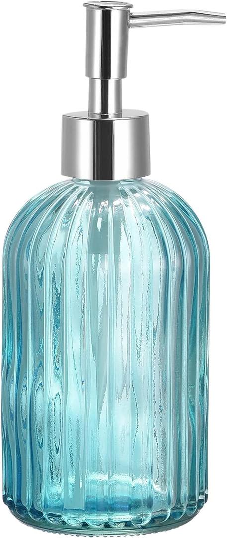 uxcell Soap Dispenser - 13.5Oz Glass Dish Hand Soap Dispenser with Silvery Pump for Kitchen Bathroom, Blue